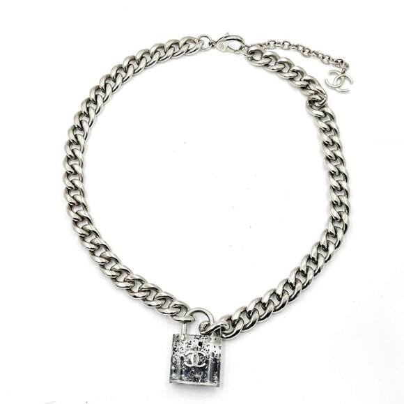 Chanel Silver CC Black Padlock Chain Necklace - Picture 1 of 5